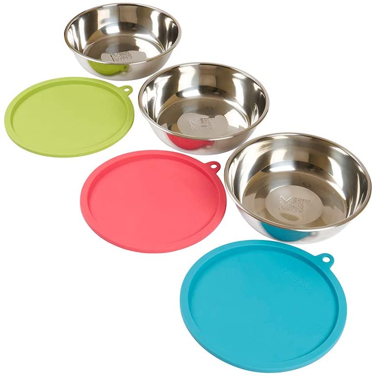 Messy Mutts Three Stainless Steel Bowls With Three Silicone Lids