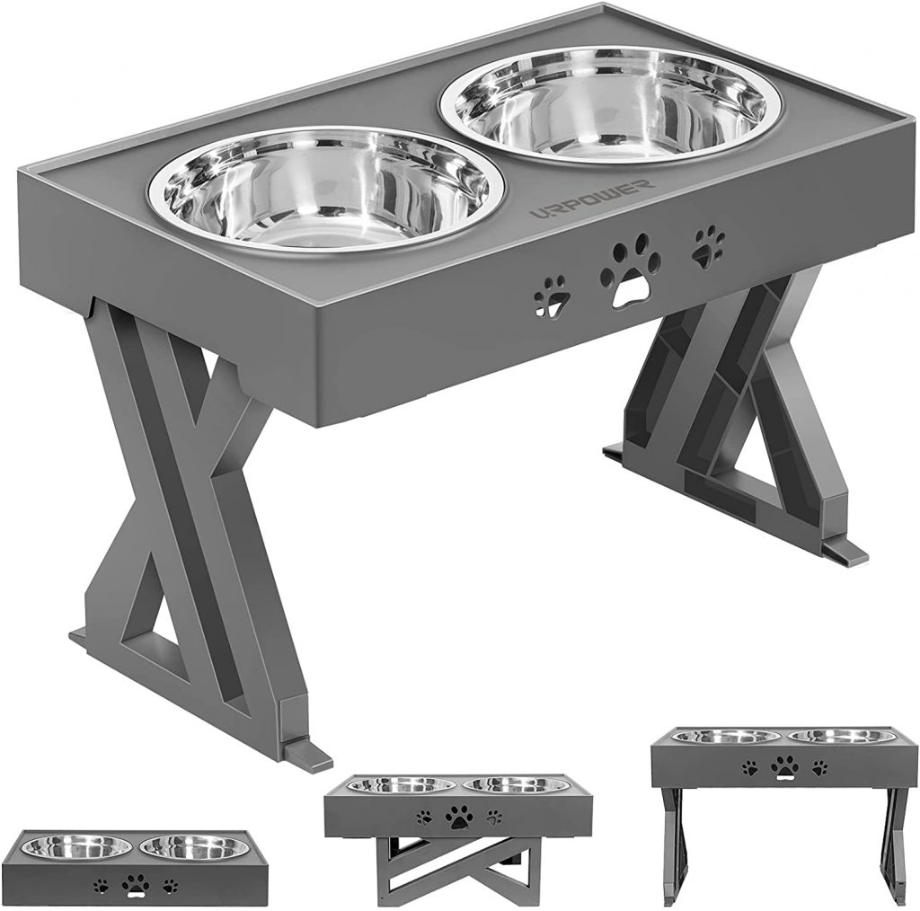 URPOWER Adjustable Raised Dog Bowl Stand With Two Stainless Steel Bowls