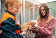 Young adult woman playing with dogs in animal shelter. She wants to adopt one dog and female worker heps her to decide.