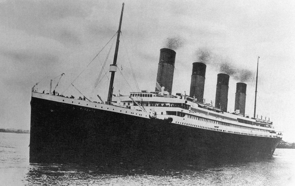 The White Star Line passenger liner R.M.S. Titanic embarking on its ill-fated maiden voyage.