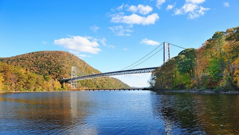 Bear Mountain with Hudson River and bridge in Autumn with colorful foliage and water reflection.