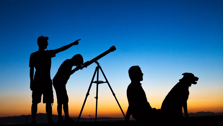 Dad and sons on a clear night looking thru a telescope