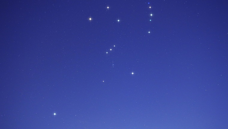 South facing night sky with star spikes indicating the positions of the constellation of Orion in butterfly shape at central top to middle, his bow on the right side, and his dog Sirius below his left foot on the left. The image was photographed at 10