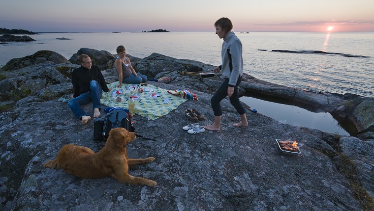 Friends having picnic at sea