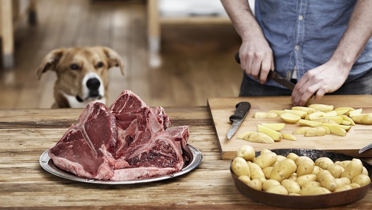 Man in kitchen preparing potatoes and steaks with dog watching