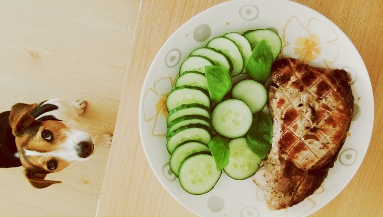 Directly Above Shot Of Grilled Meat With Cucumber