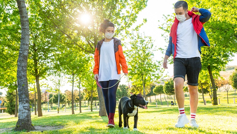 Young couple during pandemic isolation walking with her dog in park