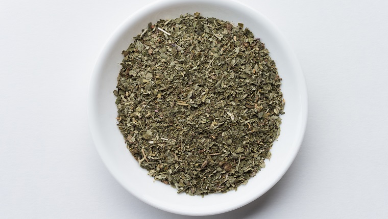 High Angle View Of Catnip In Bowl Over White Background