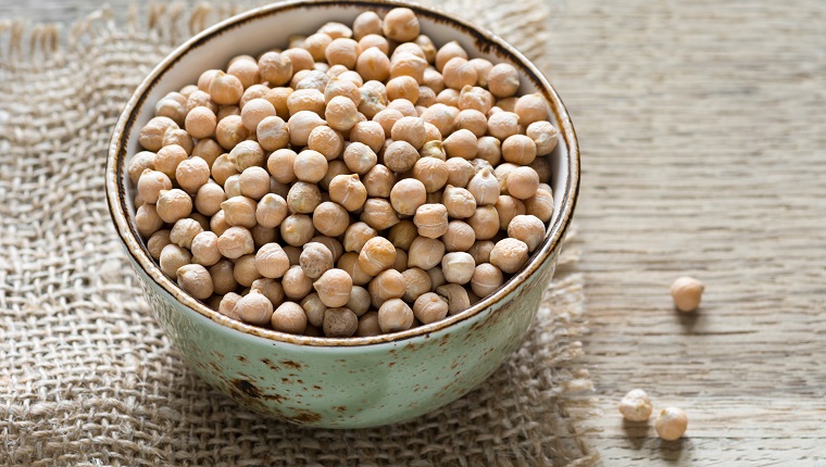 Chickpeas in a bowl, closeup view. Healthy vegetarian product for cooking, indian cuisine, vegan cuisine