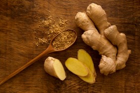 Ginger root and powder, studio shot.