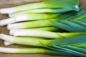 Fresh Leeks in shop for vegetarian meal.