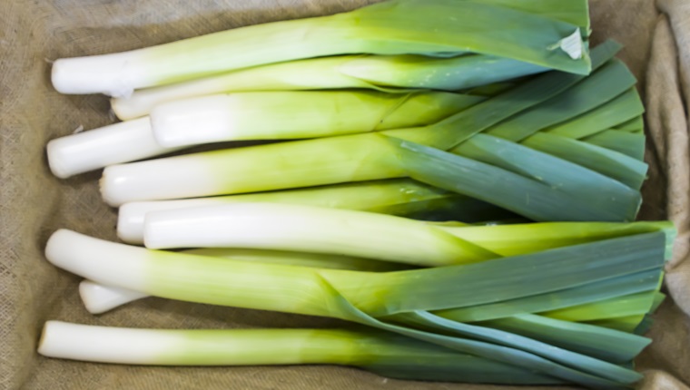 Fresh Leeks in shop for vegetarian meal.