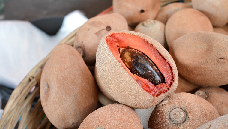 Close up of the delicious sapote fruit in the market of Totonicapan, Guatemala