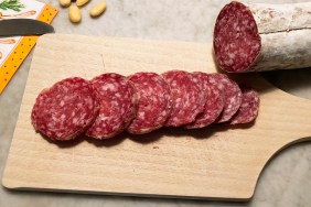 Close-up of sliced salami sausage at Nidau, Bern Canton, Switzerland