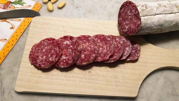 Close-up of sliced salami sausage at Nidau, Bern Canton, Switzerland