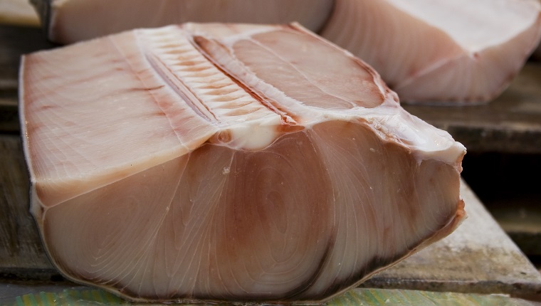 Shark meat in Jagalchi Fish Market, Busan, South Korea.