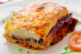 Greek style moussaka with eggplants, ground beef and potatoes. Horizontal shot