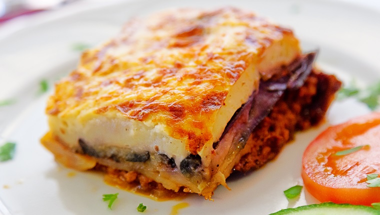 Greek style moussaka with eggplants, ground beef and potatoes. Horizontal shot