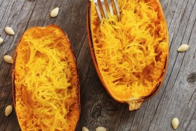 Spaghetti squash with bacon and spring onion topping top down view