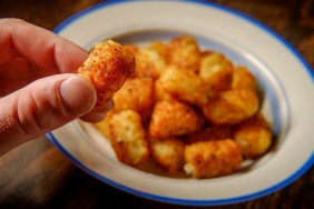 Bowl of fresh crispy potato tater tots on rustic table