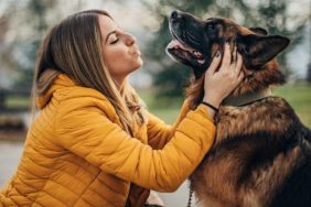 woman and dog reunited