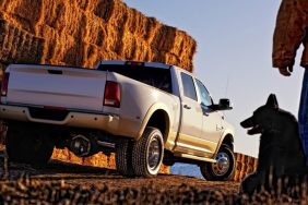 man standing with dog beside pickup truck driver wanted for dog dragging