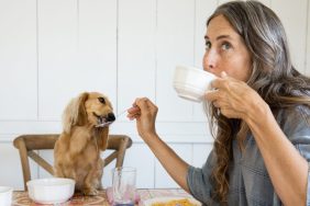 woman feeding dog from table common mistakes dog parents make