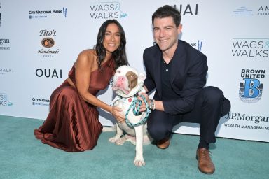 Wags And Walks 11th Annual Gala. (L-R) Wags And Walks CEO Leslie Brog and actor Max Greenfield attend Wags And Walks' 11th annual gala at Taglyan Complex on October 01, 2022 in Los Angeles, California.