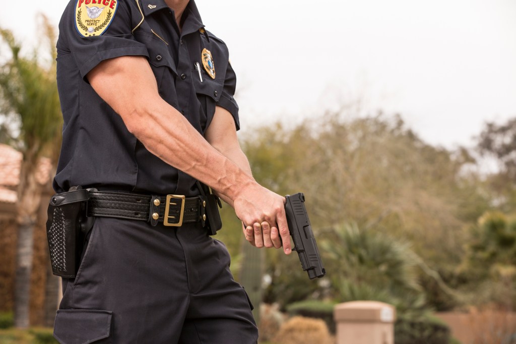 Policeman with his gun drawn, like the St. Clair County Deputy, to shoot an innocent dog.