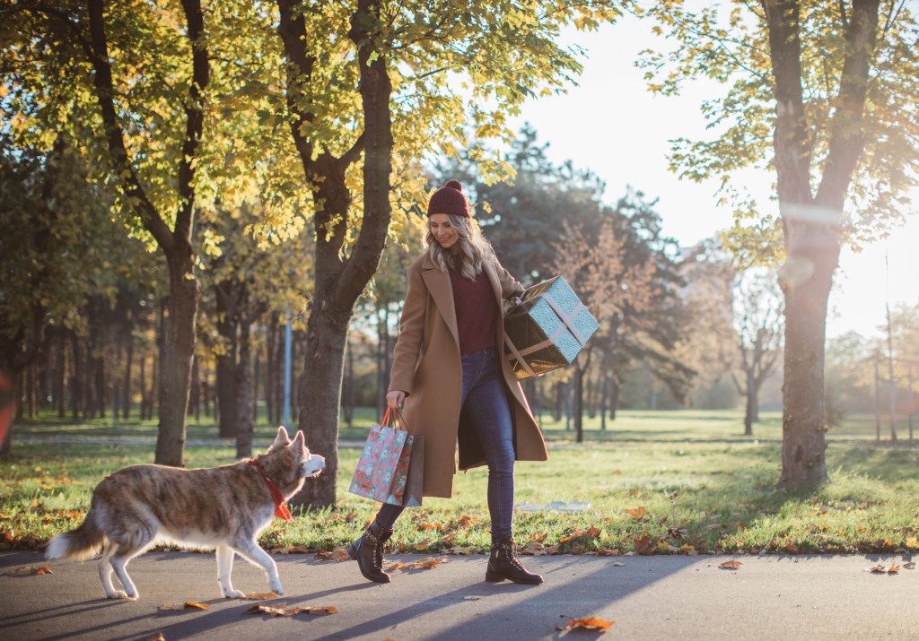 Woman taking her dog on a Christmas stroll.