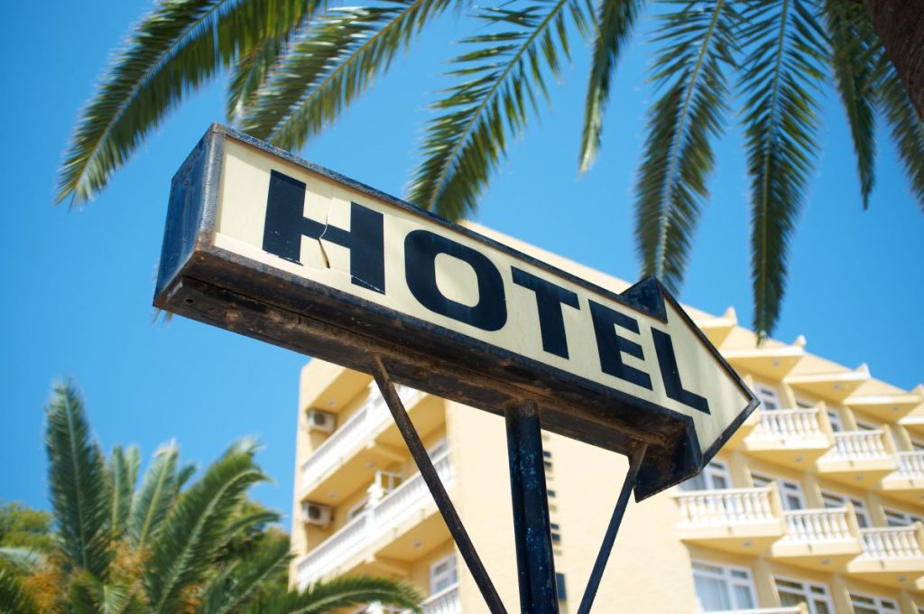 A sign board leading to a hotel like the one where Las Vegas shooting suspect was.