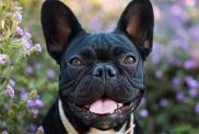 A Black French Bulldog stands in flowers outdoors and looks happily at the camera.