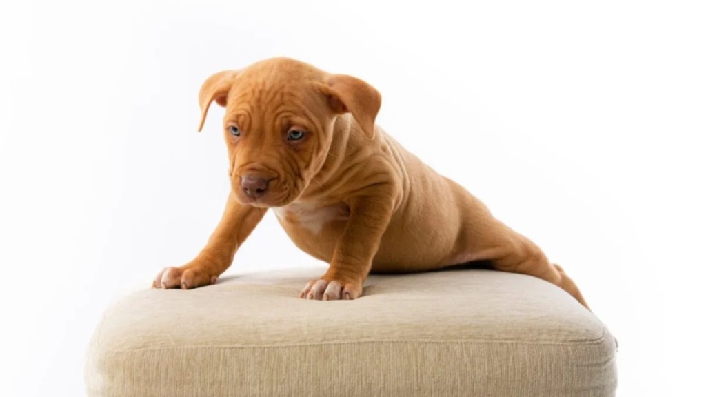 A Pitbull puppy trying to climb onto a thick cuishon, Invetstigations into a case where an Amazon driver stole a cutomer's puppy are ongoing