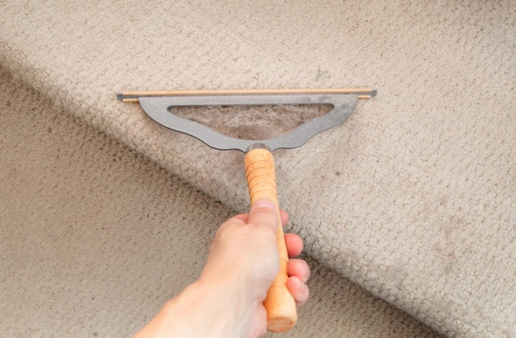 Person using carpet rake — a pet hair remover tool — on carpeted stairs.