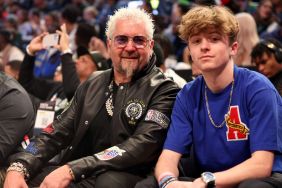 Television personality Guy Fieri poses with his son Ryder Fieri prior to the 2023 NBA All Star Game between Team Giannis and Team LeBron at Vivint Arena on February 19, 2023 in Salt Lake City, Utah.