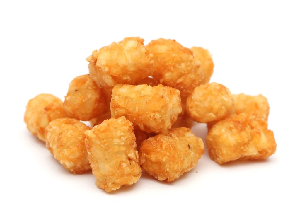 A closeup photo of a pile of tater tots against a white studio background. While dogs can eat tater tots, they really shouldn't as tater tots are not healthy dogs.
